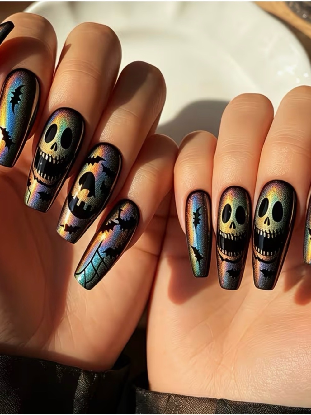 Holographic Skull Halloween Nail Wraps - Black Multi